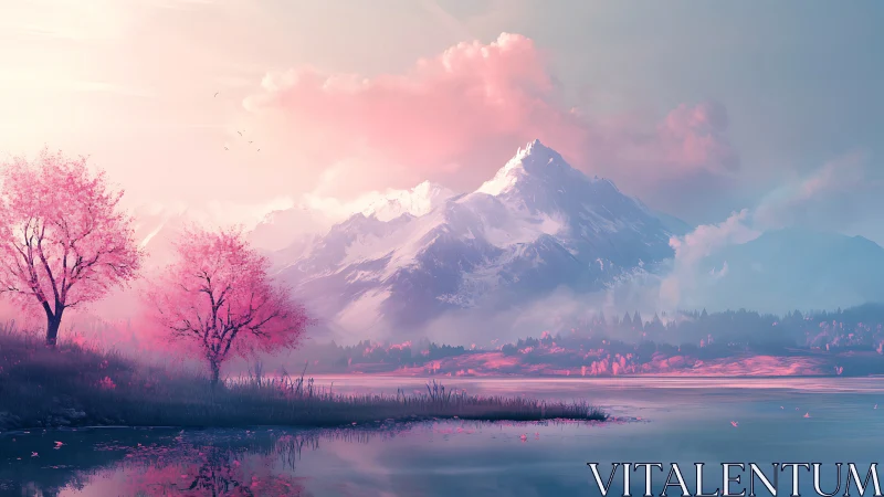 Pink-toned lake landscape with distant snow-covered mountains.