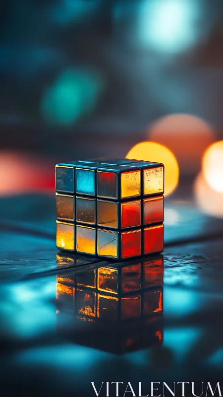 Colorful glass cube puzzle reflects in dreamy neon bokeh.