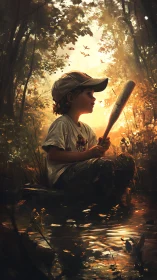 Child holds baseball bat beside reflective forest water at dusk