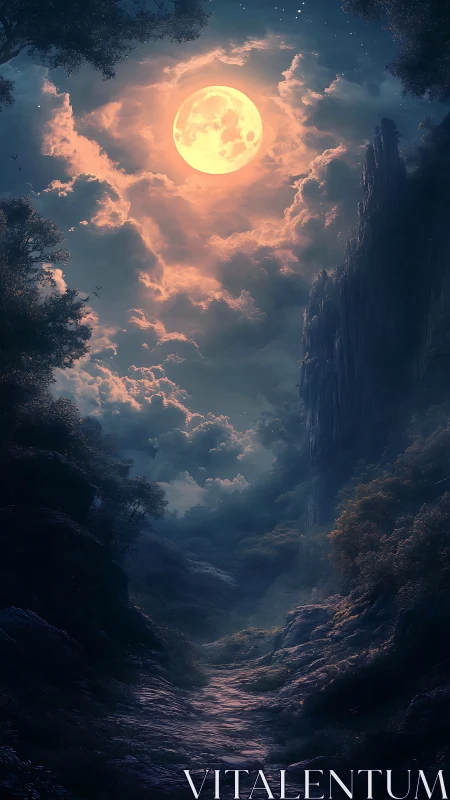 Luminous full moon above misted forest ravine at dusk.