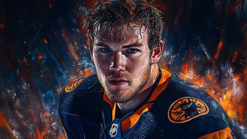 Fiery digital portrait captures intense focus of ice hockey star