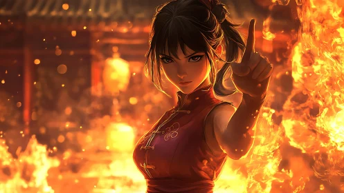 Fiery martial artist stands in blazing courtyard inferno.