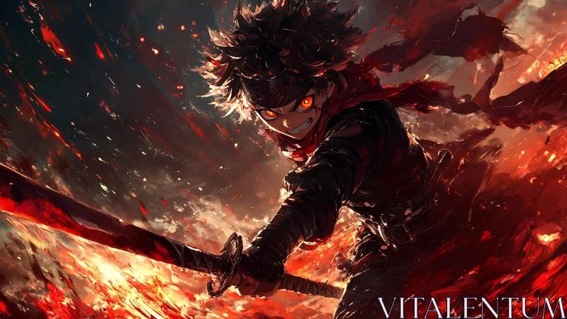 Blade-born inferno warrior cuts through a storm of embers.