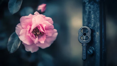 Vintage Key and Pink Rose Against Teal Backdrop.