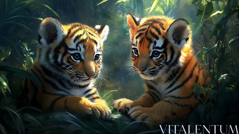 Two Tiger Cubs Meet in the Jungle.