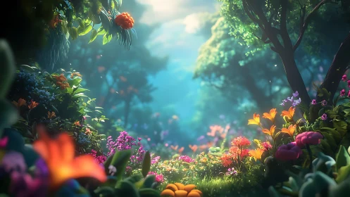 Digital painting of luminous flower meadow with forest depth.