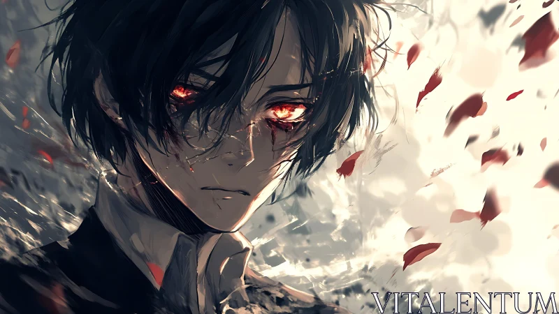 Brooding anime boy with burning eyes amid swirling petals