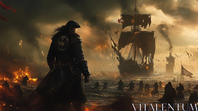 Naval battle scene with pirate figure and burning ships.