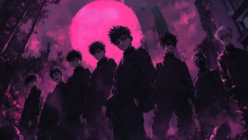 Moonlit misfit squad brooding beneath a fever-pink sky.