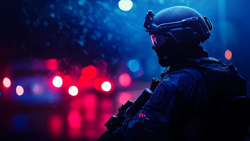 Neon-soaked tactical sentinel in rain-slick midnight streets.