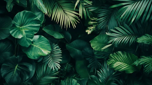 Emerald jungle canopy of lush layered tropical leaves at dusk.