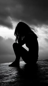 Silhouetted thinker folds into storm-softened seaside dusk