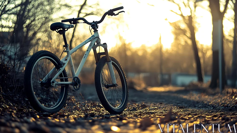 Mountain Bike Positioned Against Golden Hour Forest Backdrop with Lens Flare