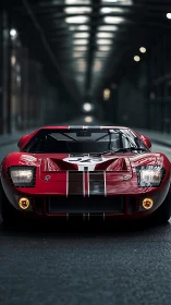 Red vintage race car under industrial tunnel lights.