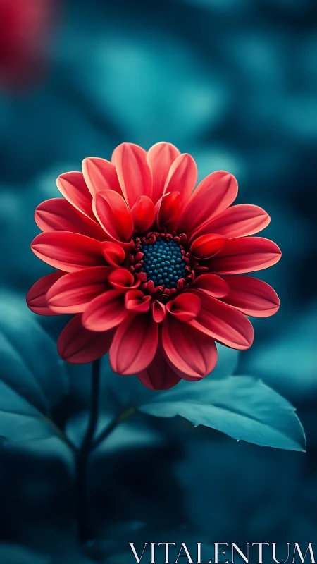 Scarlet Dahlia Against Ethereal Blue Backdrop.