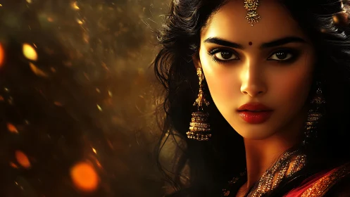 Golden evening glow frames a poised woman in rich adornment