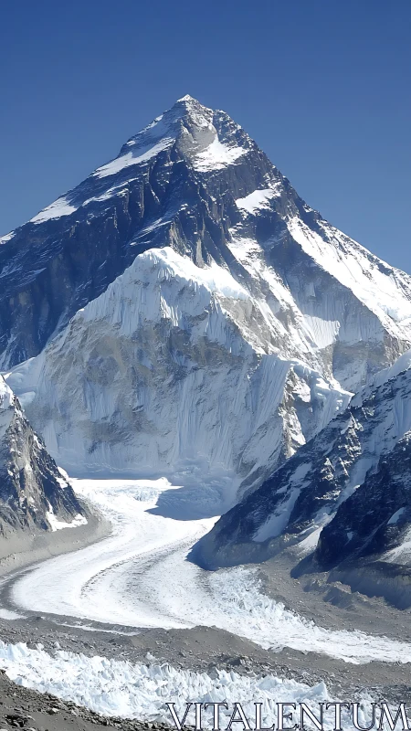 Glaciated Himalayan peak with curving valley glacier under clear sky