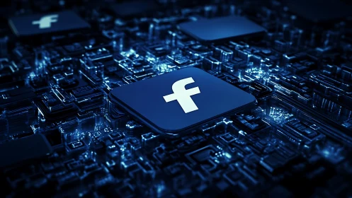 Glowing Facebook icon resting in a deep blue digital world.
