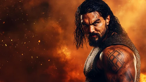 Warrior stands in blazing embers with fierce, unyielding stare