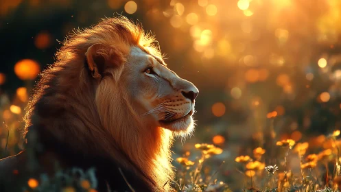 Lion profile in warm golden backlit meadow at sunset.