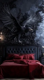 Dark avian wall sculpture dominates luxurious crimson bedroom.