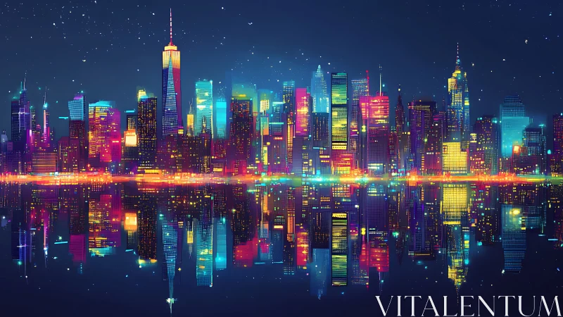 Neon city skyline reflects across calm nighttime water surface