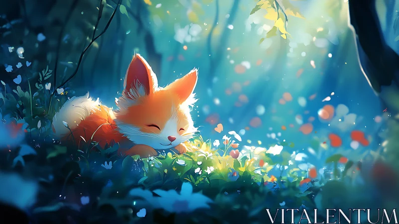 Small orange fox sleeps on forest floor in soft daylight