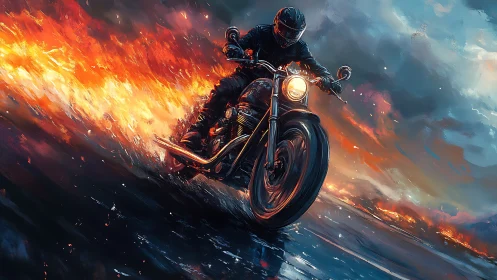 High-speed motorcycle surges through incendiary stormscape at dusk