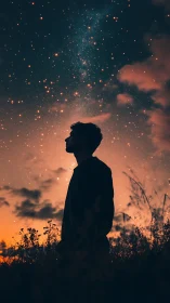Silhouette dreamer listening to starlight over ember skies.