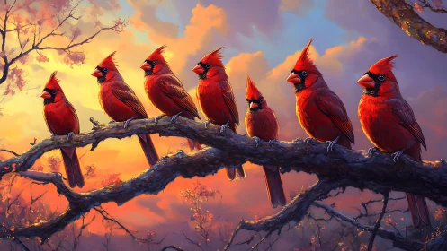 Vibrant Red Cardinals on Tree Branch at Sunset, Digital Painting.