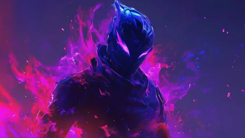 Neon Void Warden wrapped in electric violet firestorm.
