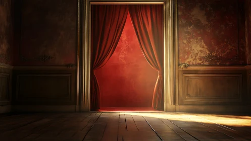 Open red stage curtains in ornate sunlit interior room.