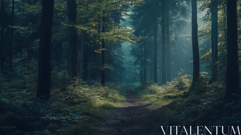 Misty forest pathway through dense woodland canopy.