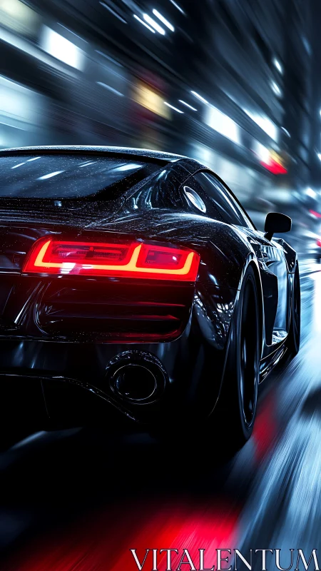 Black sports coupé on wet city street at night in motion.