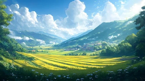 Sunlit valley fields with distant village and blue mountains.