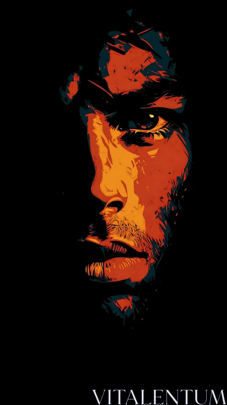 Intense half-lit portrait glowing in rich fiery colors.