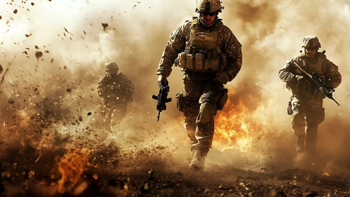 Combat soldiers advancing through fiery battlefield chaos.