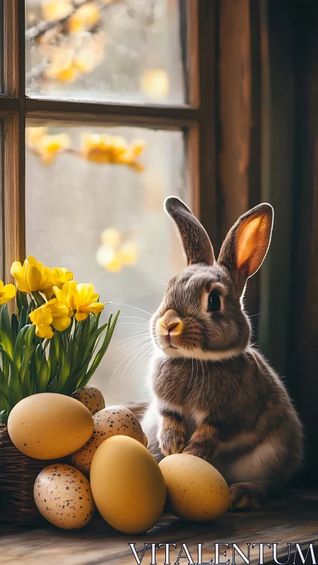 Curious spring rabbit among golden eggs and flowers.