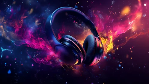 Over ear stereo headphones suspended in neon plasma sound field