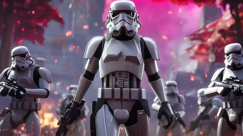 Armored sci-fi soldiers advance through a glowing alien forest