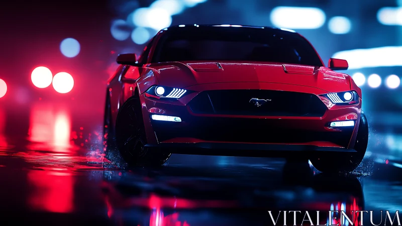 Scarlet muscle car prowls neon streets in electric rain.