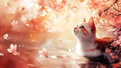 White and orange cat in spring blossoms setting.