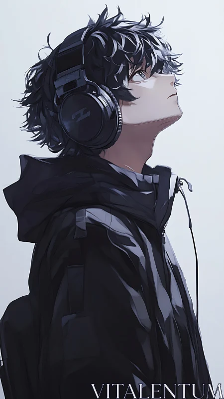 Profile study of a headphone-wearing boy in soft grayscale tones.