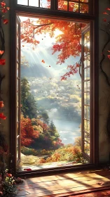 Sunlit doorway opening onto a glowing lakeside autumn.