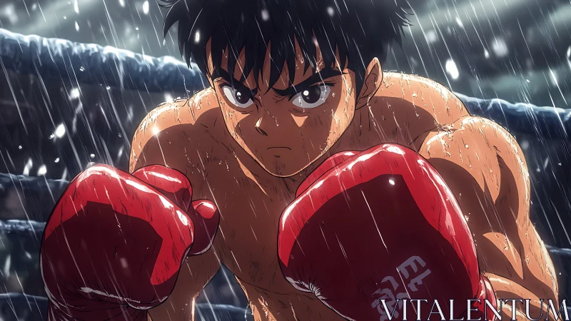 Determined anime boxer holds guarded stance under driving rain