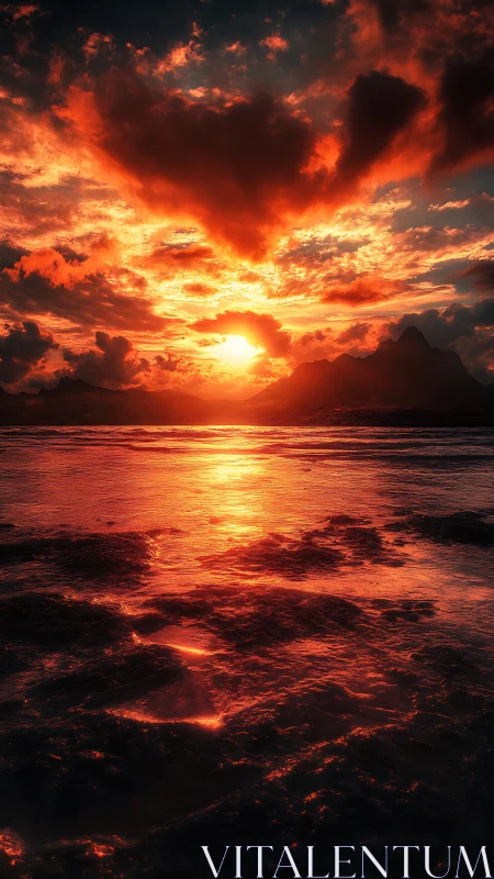 Molten sky over twilight shore with mirrored firelight.