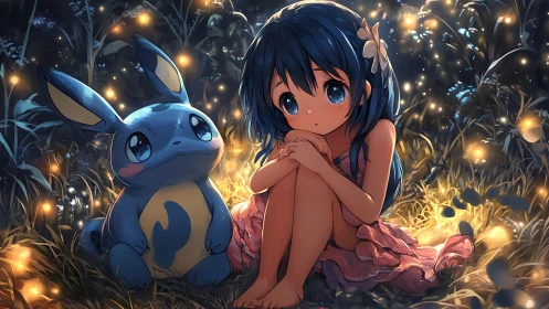 Girl and blue creature sit in glowing firefly meadow at night