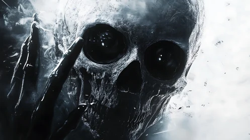 Dark skull close-up with glossy hand and harsh contrast.