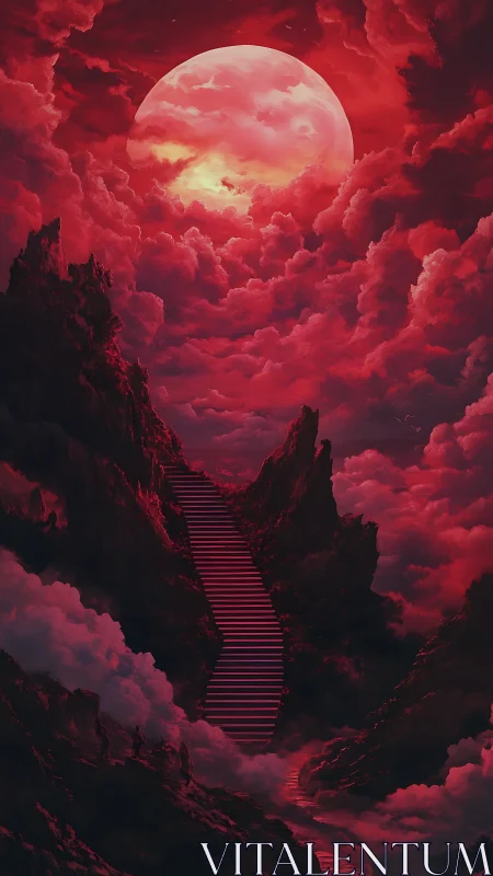 Stairway ascends through red clouds toward large luminous moon