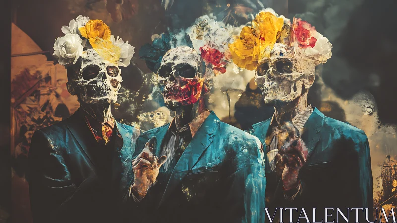 Three suited skull figures with floral headpieces in haze.